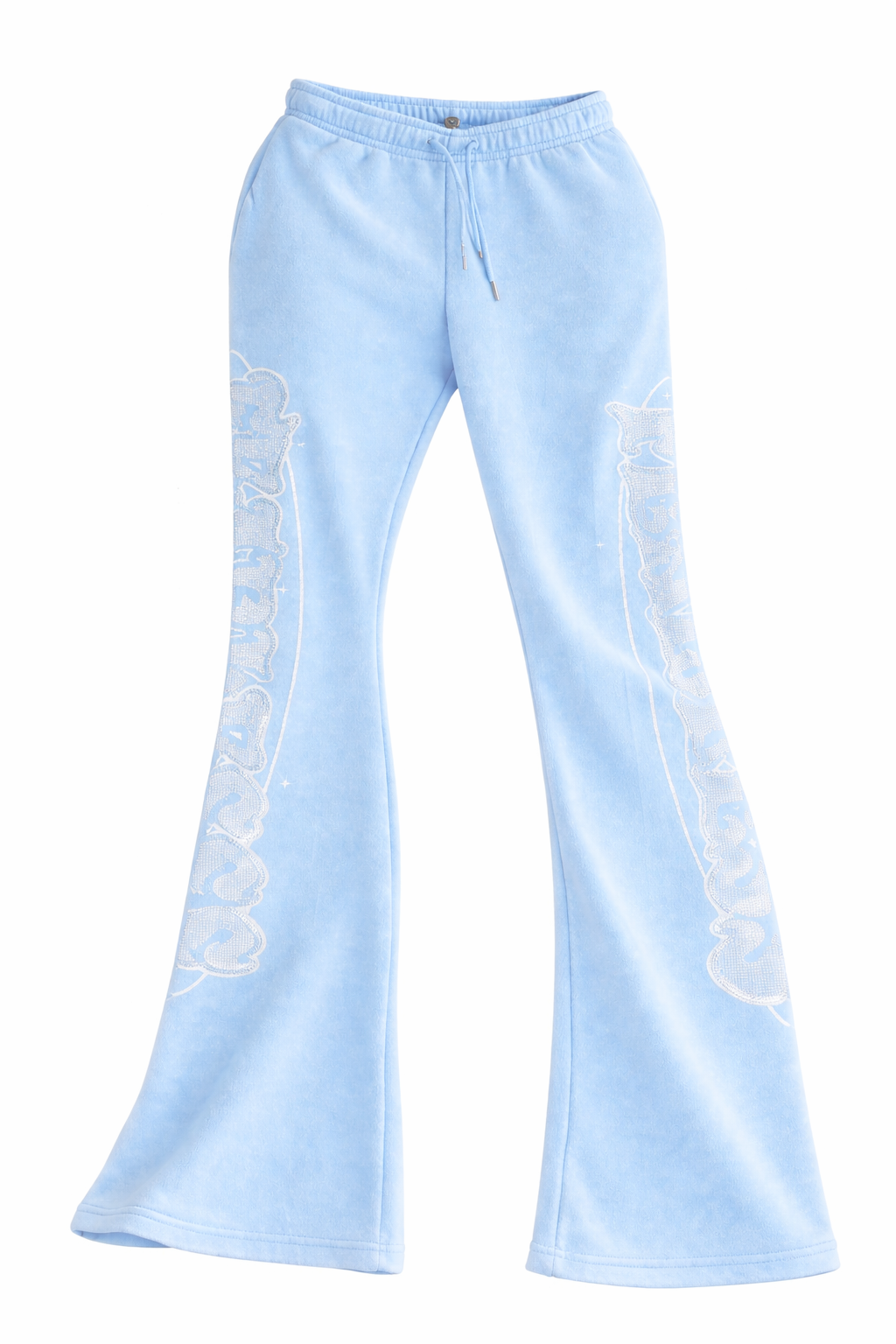 “Baby Blue Cloud 9 Rhinestone Lounge Set (2-Piece Stacked Pants & Crop Top