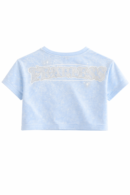 “Baby Blue Cloud 9 Rhinestone Lounge Set (2-Piece Stacked Pants & Crop Top