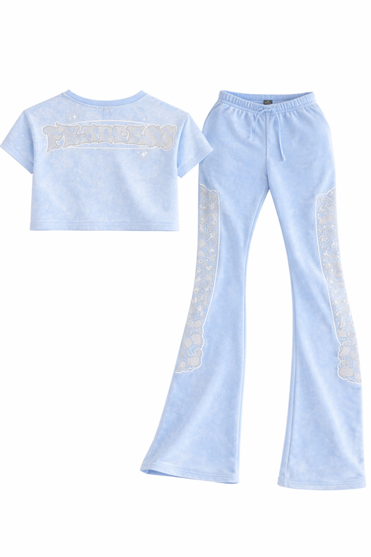 “Baby Blue Cloud 9 Rhinestone Lounge Set (2-Piece Stacked Pants & Crop Top